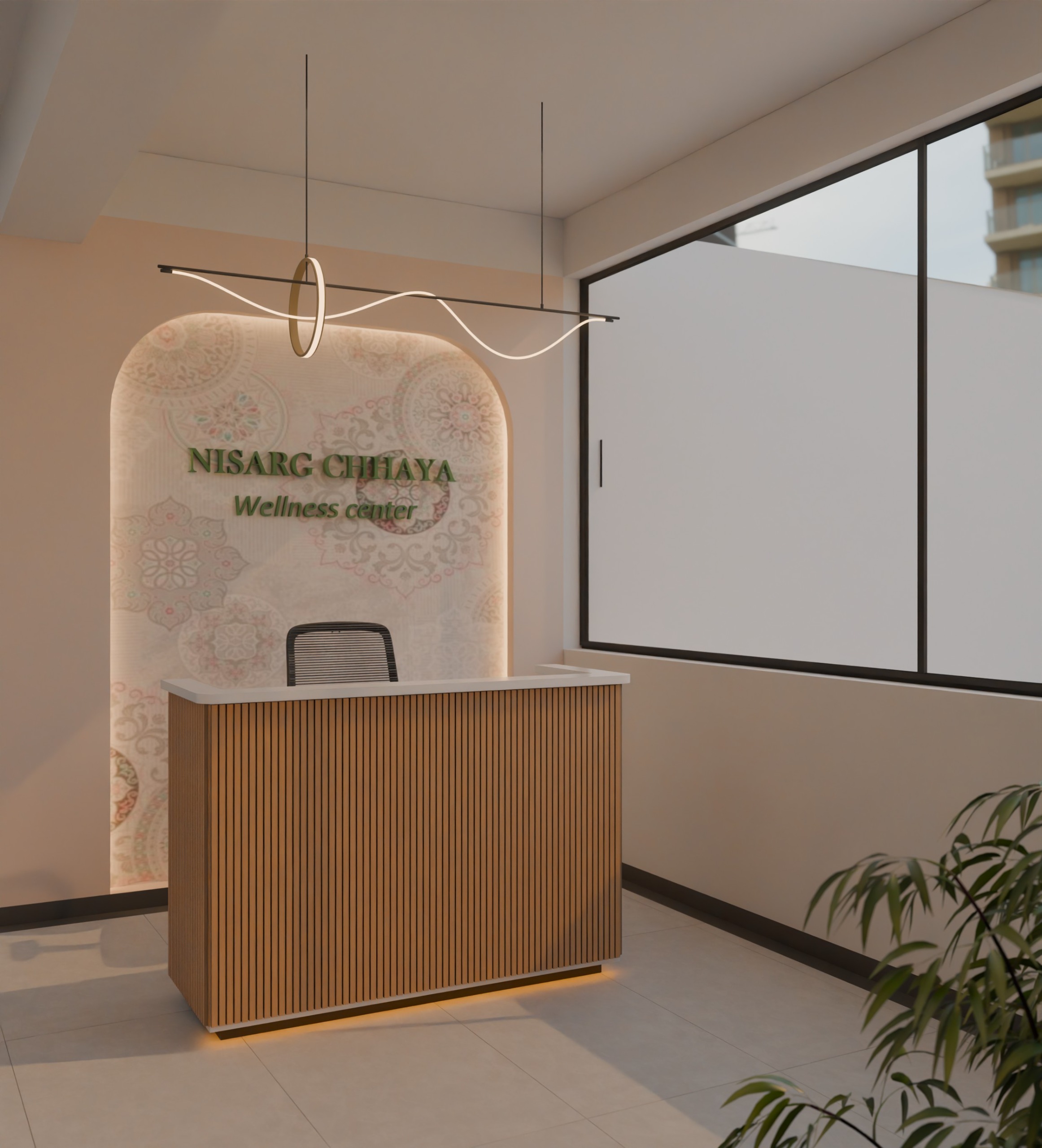 Serene massage room with candles, forest mural and fresh flowers